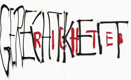 ter Hell · <strong>Gerechtigkeit, Richter</strong> [Justice, Judge/Richter] · 2011 · 2-part · 230 x 300 cm · spray on canvas