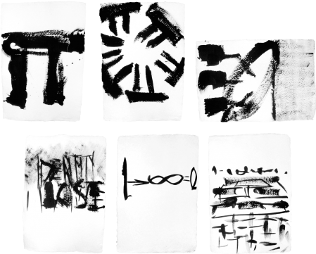 ter Hell · <strong>Pi | Pirad | Identity lost | Holon | Eins bis unendlich gleich null | Amselfeld</strong> · 2016 · each ca. 40 x 55 cm · acrylic on laid paper